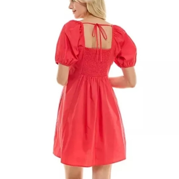 Draper James Puff Sleeve Square Neck Dress Hibiscus Red Cute Flirty Size Large - Picture 2 of 8